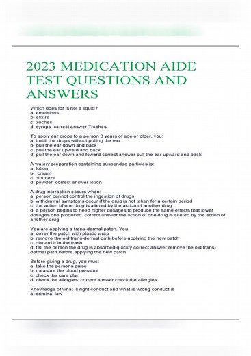 2023 Medication Aide Test Questions and Answers