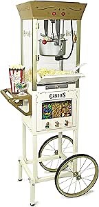 Nostalgia Vintage 8 Ounce Professional Popcorn Cart Makes Up to 32 Cups, Three Storage Candy & Kernel Dispenser Also for Nuts, Chocolate, Measuring Spoons and Scoop Included, Ivory