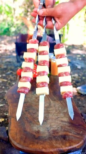 Perfectly Golden Grilled Meat Cheese Dough Skewers #bbq #steak #firecooking