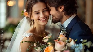 groom kissing bride cheek with smile and love at wedding ceremony day Stock Video