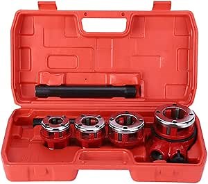 Ratchet Pipe Threader Kit, Ratcheting Pipe Threading Tool Manual Plumber Pipe Threading Kit with Ratchet Handle W/4 Dies 1/2" 3/4" 1" 1-1/4" Threader Tool
