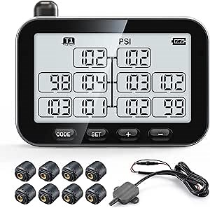 GUTA Trailer Tire Pressure Monitoring System, RV TPMS with 8 Sensors, 6 Alert Modes, Signal Booster, Power Saving Display, Long Sensing Distance, for 3 Trailers (T1/T2/T3), for Camper, Motor Homes