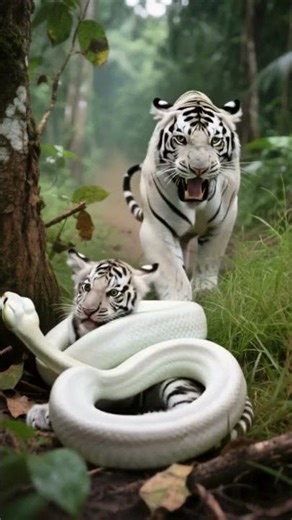 White Tiger Saves Cub from Giant White Python 🐅🐍 #ai #aishorts #trending #viral #nature #wildlife