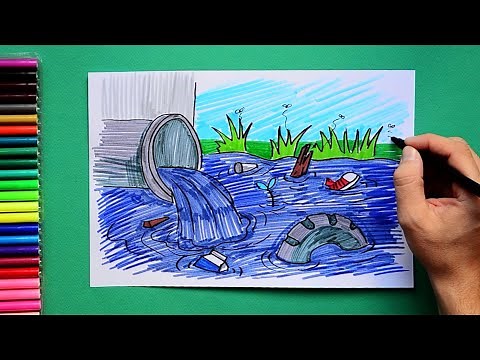 How to draw water pollution - industrial waste or sewage dumped in river