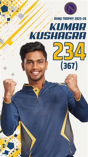 Jharkhand State Cricket Association on Instagram: "Double Ton Delight! Kumar Kushagra lit up the Ranji Trophy 2025-26 with a sensational double century (234 off 367 balls) against Baroda! Pure class, patience, and power on display — a celebration to remember!"