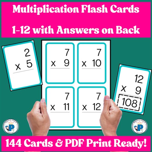 Multiplication 2.5x3.5in. Flash Cards: 1-12 Facts, Fact Fluency, Answers on Back