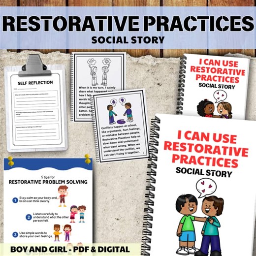 Restorative Practices Social Story Poster & Self-Reflection Worksheet Autism SEL