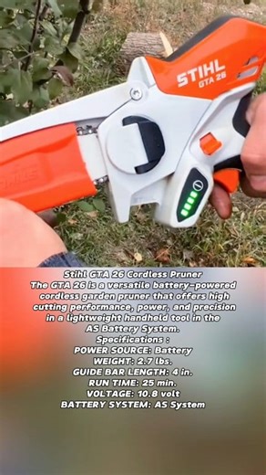 Stihl GTA 26 Cordless Pruner The GTA 26 is a versatile battery-powered cordless garden pruner that offers high cutting performance, power, and precision in a lightweight handheld tool in the AS Battery System. Specifications : 🥰🥰😍😍 POWER SOURCE: Battery WEIGHT: 2.7 lbs. GUIDE BAR LENGTH: 4 in. RUN TIME: 25 min. VOLTAGE: 10.8 volt BATTERY SYSTEM: AS System #fblifestyle #husqvarna #engine #chainsaw #stihl #motosierras #motorfúrész #kettensäge #tronçonneuse #chainsawman #stihlchainsaw #motosega