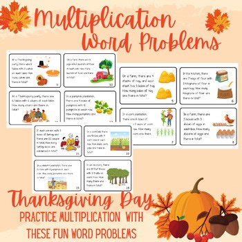 Thanksgiving Multiplication Word Problems Task Cards - Holiday Math Centers