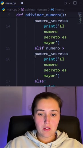 Programa con Mica on Instagram: "Desafio con python: juego donde el usuario tiene que adivinar un numero entre el 1 y el 100 import random def adivina_numero(): numero_secreto = random.randint(1, 100) intentos = 0 print(“Adivina el número entre 1 y 100”) while True: intento = int(input(“Tu intento: “)) intentos += 1 if intento numero_secreto: print(“Demasiado alto ⬆️”) else: print(f”Correcto! Lo lograste en {intentos} intentos.”) break adivina_numero() Explicación: Generamos un número aleatorio 