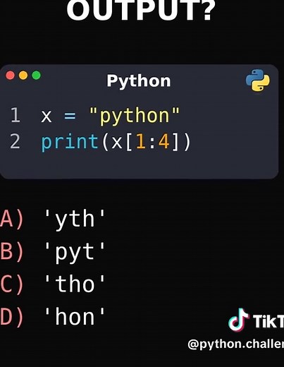 Can you solve this Python challenge? Test your Python skills and logical thinking with this short quiz. Leave your answer in the comments and check if you got it right. Subscribe for regular Python coding questions and improve your problem-solving abilities. These challenges are great for daily practice, coding interviews, and learning by doing. Run the quiz in your computer! . . . #PythonChallenge #LearnPython #PythonQuiz #CodingChallenge #PythonForBeginners #CodeNewbie #ProgrammingTips #CodePr