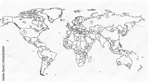 World Map with Time Zones Depicted by Clocks.