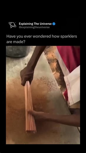 Explaining The Universe on Instagram: "Sparklers are handheld fireworks that burn with a bright shower of glowing sparks, created by a mixture of metal powders, fuel, and oxidizers coated onto a metal wire. When the tip is lit, the oxidizer releases oxygen that allows the fuel to burn intensely, heating the metal particles until they shoot outward as colorful, crackling sparks. Iron produces the classic orange glow, while aluminum or magnesium creates brilliant white flashes and titanium adds lo