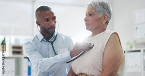 Stethoscope, examination and doctor with senior woman at hospital for lungs, chest or breathing assessment. Heart, listen and elderly patient consulting cardiologist for heartbeat, pulse or checkup