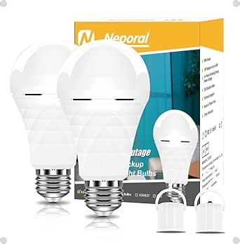 Neporal A19 Rechargeable Light Bulbs, Socket Rechargeable Emergency Light Bulb for Power Failure, 1200mAh Battery Backup Light Bulbs for Home, Hurricane, Led Bulb 60 Watt Equiv. (Daylight-2 PK)