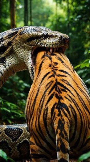 Giant Snake Swallows Tiger Whole​ #PythonVsTiger #WildlifeBattle #SnakeEatsTiger #animalfight
