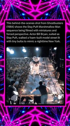 This Behind-the-Scenes Shot From Ghostbusters (1984) Shows the Stay Puft Marshmallow Man Sequence…