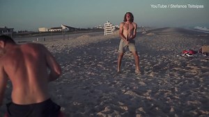 Shirtless Stefanos Tsitsipas shows off impressive beach tennis skills