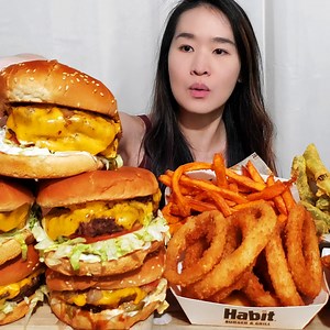 24K views · 686 reactions | Eating The Habit's new Family Char Box with their delicious Charburgers with cheese, onion rings, sweet potato fries and tempura green beans! #mukbang #asmr #cheeselover #cheeseburger #fastfood #thehabit #crispy | Peggie Neo | Facebook