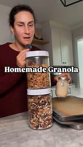 HOMEMADE GRANOLA - SOURDOUGH DISCARD *I always double or triple this recipe when baking! **Also these measurements don’t need to be exact and it will still come out okay so don’t stress 50g (1/3c) sourdough discard (or unfed starter) 25g (1/4c) pure maple syrup or raw honey (can add more if you want it sweeter) 20g (1/8c) melted coconut oil 5g pure vanilla extract 100g (1c) rolled oats (I like @onedegreeorganics bc they test for pesticides, & no this isn’t sponsored) 100g (1c) nuts & seeds (I li