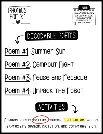 June Phonics Decodable Poems for 1st: End of year review, SoR aligned