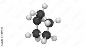 Structural chemical formula and molecular structure of Cyclopentane(pentamethylene). Formula: C5H10. 3D render. Seamless loop. Chemical structure model: Ball and Stick. White background