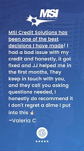 1.5K views | ✨ Elevate Your Credit, Transform Your Life! Choosing MSI Credit Solutions is a decision you won't regret!  JJ and the team are dedicated to fixing credit issues and providing top-notch service. Your journey to credit success starts here—don't regret it, rejoice in the positive changes!  #CreditSuccess #MSICreditJourney | MSI Credit Solutions | Facebook