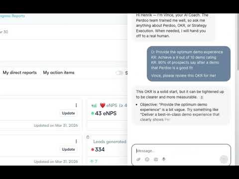 Use Perdoo's in-app AI Coach to review your OKRs, KPIs, and Strategic Pillars