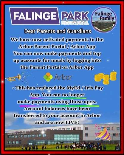 You can make payments in the Arbor Parent Portal / Arbor App