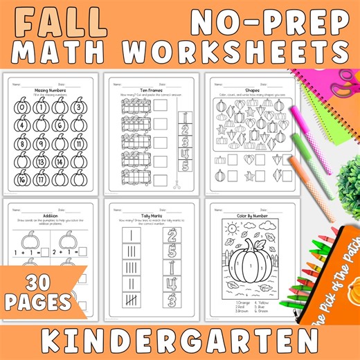 Fall No Prep Math Worksheet Bundle for Kindergarten | Homeschool Worksheets, Fall Worksheet Bundle, Kindergarten Worksheet, Autumn Worksheet - Etsy