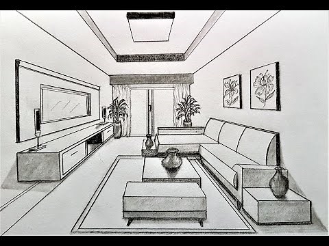 How to draw a living room in 1 point perspective