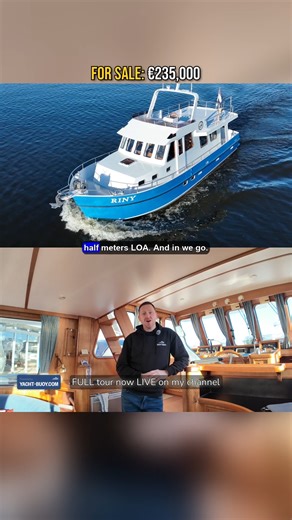 Compact steel trawler, full displacement hull, and built for long-range cruising. The Almtrawler 1200 runs a single DAF 158hp diesel, cruises at 6 knots, and carries 1,500L of fuel — that’s around 700 nautical miles of range at displacement speed. No active stabilisers, but with a long keel and steadying sail, she tracks beautifully in a head sea. Bow and stern thrusters make her easy to handle, and inside there’s oak joinery, iroko floors, and a full liveaboard layout — two cabins, seven berths