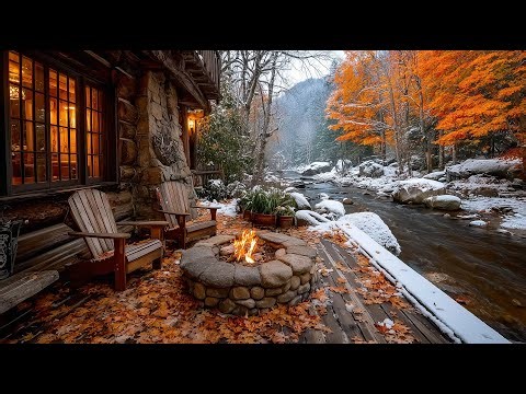 Cozy Cabin Fireplace & Bird Songs Autumn Snowfall Ambience for Sleep