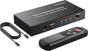 PROZOR Digital Audio Switcher Splitter - 3 in 2 Out 3 Port Spdif Toslink Optical Switch with Remote Control, Aluminum Alloy Material 2 Way Digital Audio Splitter Support LPCM 2.0 DTS Dolby-AC3
