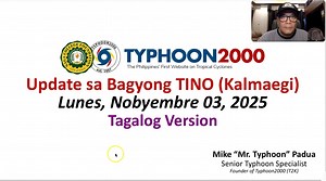 Update sa BAGYONG TINO - Lunes, 11/03/25 (Tagalog Ver) “TINO” has intensified into a Typhoon (Cat 1) with winds of 130 kph. The core of the typhoon is forecast to make landfall somewhere along Dinagat-Southern Leyte Area on or before midnight tonight or early tomorrow morning. Then, it will traverse Southern Leyte-Camotes Is.-Cebu-Central Negros-Panay Island (near Iloilo-Guimaras) between 2am to 2pm tomorrow, Nov 04. Residents must be fully prepared for the arrival of this typhoon. To find out m