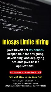 💼 Join Infosys, one of India’s top IT giants! Looking for Java Developers to design and build scalable applications. If you know Java, Spring Boot & Microservices — this is your chance to grow! 📌 Location: Chennai 🗓 Apply: Ongoing – Infosys Careers Portal Company: Infosys Limited Position: Java Developer Description: Responsible for designing, developing, and deploying scalable Java-based applications. Role includes working with Spring Boot, microservices, and cloud integrations. Location: Ch