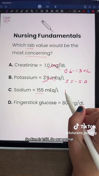 Do you know your lab values? Let’s do this nursing fundamentals practice question together! Check out Nurse Pam’s answer explanation, and let her know if you have any questions. #nursing #nursingschool #nursingstudent #nursingschoolproblems #nursingstudentlife