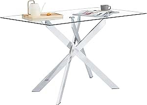 Glass Dining Table for 4 People, 51.2 Inches Rectangular Glass Kitchen Table with Silver Steel Legs, Modern Dining Room Table for Dinner Kitchen Dining Room