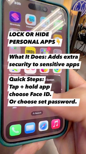 LOCK OR HIDE PERSONAL APPS What It Does: Adds extra security to sensitive apps Quick Steps: Tap hold app > choose Face ID. To enable Face ID: • Open Settings • Tap "Face ID Passcode"; (or Touch ID) • Enter your passcode • Toggle on 'App Lock' Pro Tip: Perfect for protecting banking apps, health info, and photos | Techsocial 101
