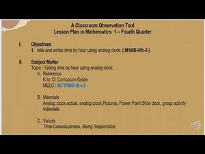CLASSROOM OBSERVATION LESSON PLAN IN MATH GRADE 1 4TH QUARTER