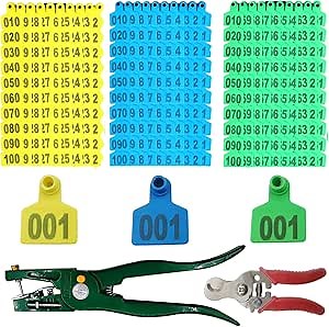 300PCS 001-100 Number Plastic Livestock Cattle Ear Tags Farm Animal Tags ID Tags Green Yellow Blue Ear Tagger + Ear Tag Applicator + Ear Tag Remover for Cattle Cow Pig Goat Sheep