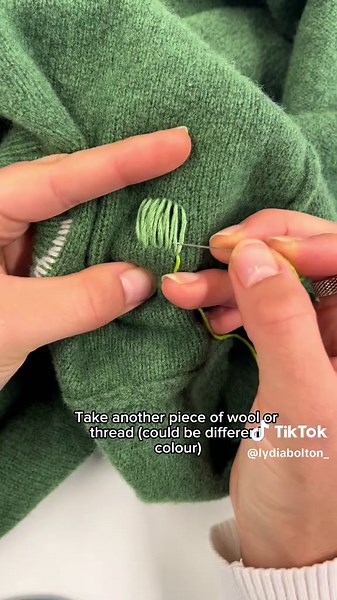 Really easy mending technique to fix a hole in a knit jumper 💚 I found this jumper in a charity shop & it had a little hole in the shoulder Steps: - Get needle and wool or embroidery thread - Stitch vertical lines over the hole making sure it is wider than the hole and all the stitches are close together - Using another piece of thread, weave horizontally over the hole, under and over the vertical stitches - Keep going till the hole is fully covered - Finished!! #darningtutorial #mending #mendi
