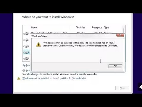 Windows cannot be installed to this disk. The selected disk has an MBR partition table.