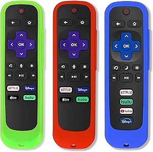 Pinowu [3 Pack] Remote Case/Battery Cover for TCL Roku Smart TV Steaming Stick Remote, Silicone Protective Case Universal Sleeve Skin (Glow in The Dark) with Wrist Strap (Green Glow & Blue & Red)