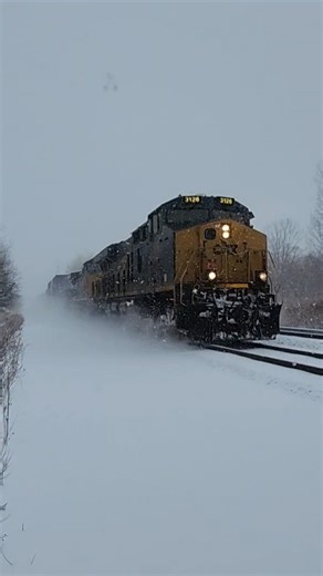 CSX train I020 flies through a crossing during a heavy snow squal! 1426 #locomotive #weather
