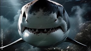 close-up animation of a great white shark (Carcharodon carcharias) swimming towards the camera. The shark opens its mouth, providing a detailed view of its teeth . The scene is set in dark, murky wate