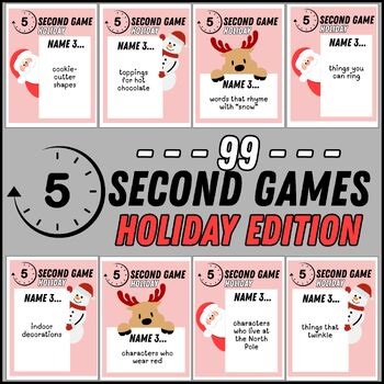 5 Second Game – 99 Holiday Game Cards Printable PDF | Fun Class Party Game