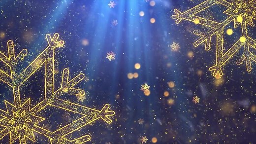Christmas blue background. Branches of a blue spruce, Christmas tree decorations along the edge, it is snowing, lights are sparkling.