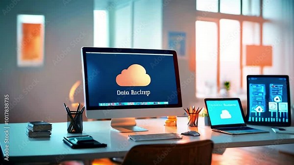 Desk with computers, a laptop, and a keyboard, a cup of pens, and a stack of notebooks.