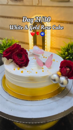 Sneha's Kitchen on Instagram: "Day 21/30 White & Gold Rose Cake🌹…… . Day 21 of my 30 Days Cake Challenge 🎂 In this video, I’m sharing the smooth frosting process and the final elegant decoration using fresh red roses, a delicate butterfly, and gold accents. Simple, classy, and full of charm 🤍✨ Which detail do you love the most? . #day21 #challenge #cakes #cakedecorating #rose tutorial reelkarofeelkaro reels reelsinstagram cake reelitfeelit cakedesign cakestagram easy rosecake rose golden gold